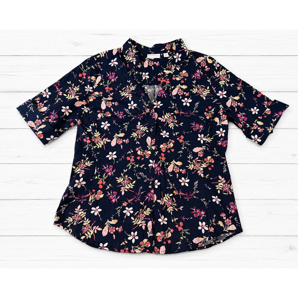 New York & Company Navy Floral Button Front Blouse Short Sleeve L 3758